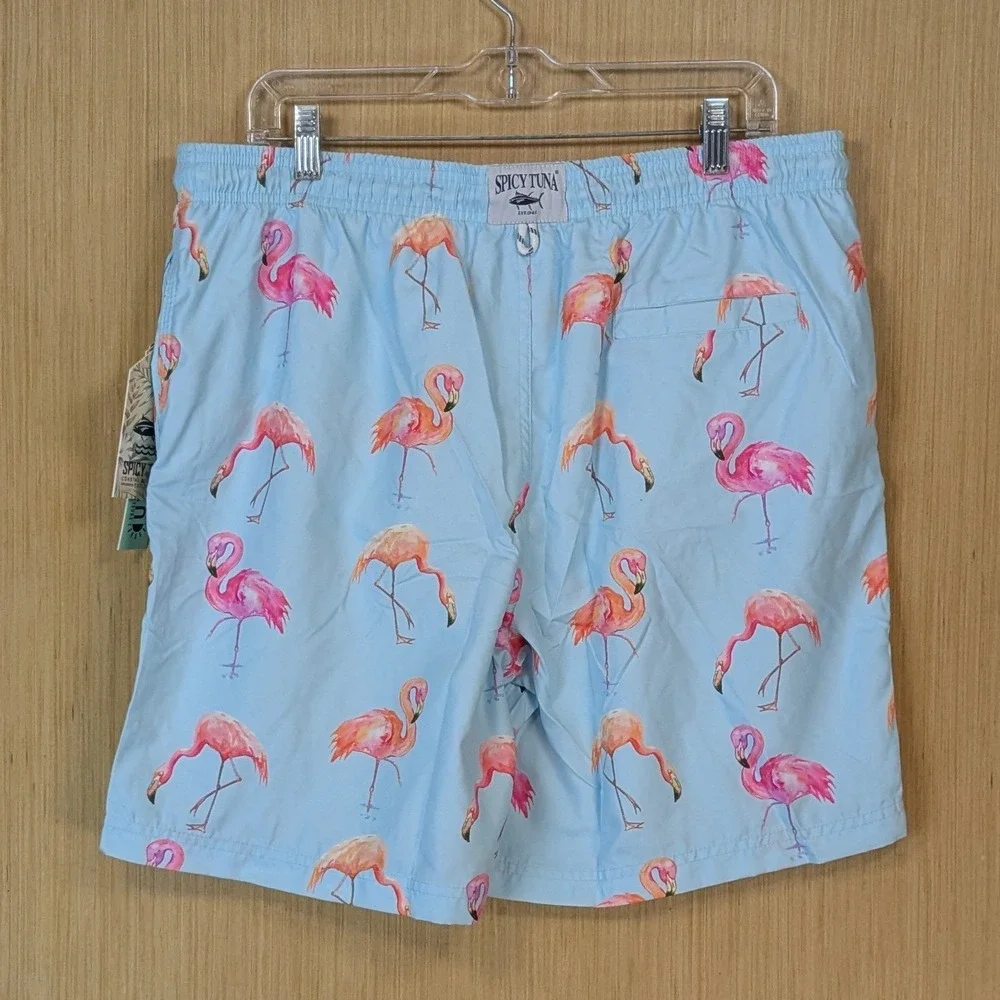 Spicy Tuna Mens XL Swim Trunks Flamingo Light‎ Blue Drawstring Lined Beach New